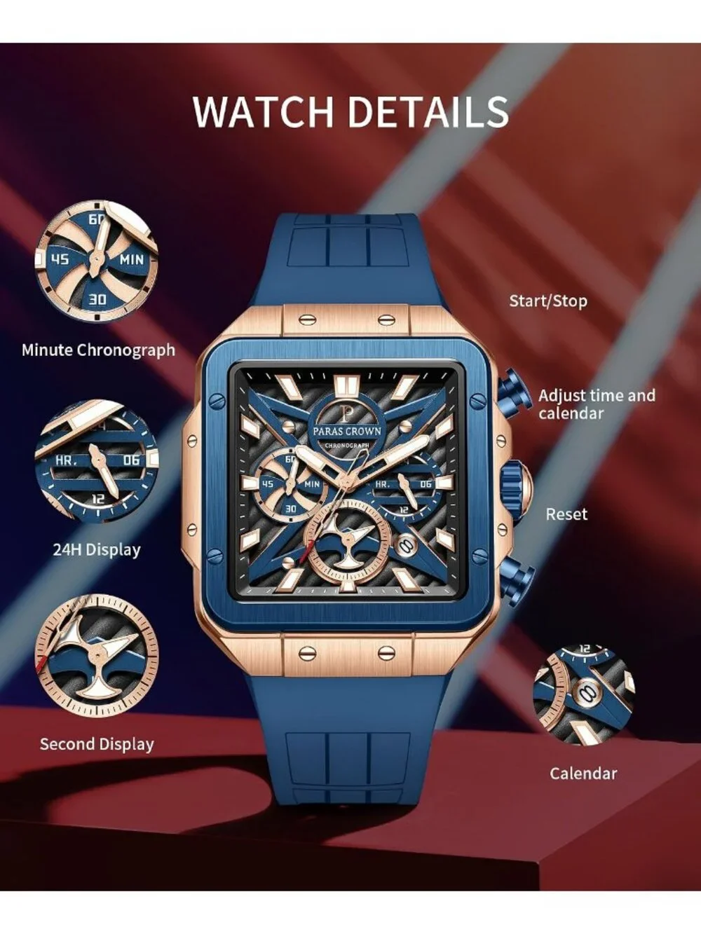 Men's Blue Fashion 5ATM Waterproof Quartz Luxury Chronograph Analog Wrist Watch